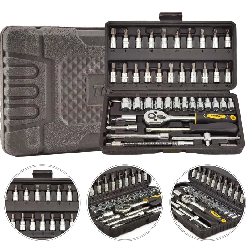 Kit de Ferramentas - 46 Peças c/ Maleta, Chave Catraca, Soquetes e Acessórios para Reparos Profissionais e Domésticos!