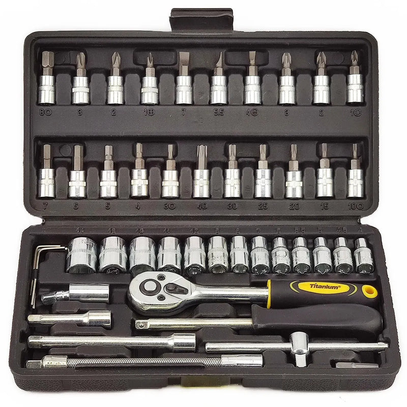 Kit de Ferramentas - 46 Peças c/ Maleta, Chave Catraca, Soquetes e Acessórios para Reparos Profissionais e Domésticos!