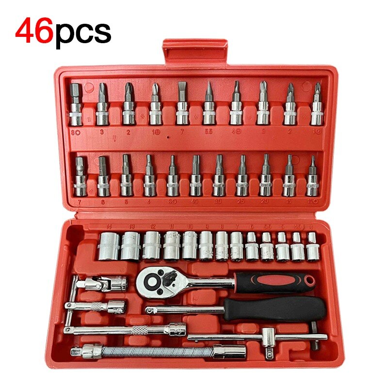 Kit de Ferramentas - 46 Peças c/ Maleta, Chave Catraca, Soquetes e Acessórios para Reparos Profissionais e Domésticos!